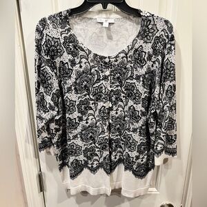 Roz & Ali Black White Lace Print Cardigan Sweater Sz 1x